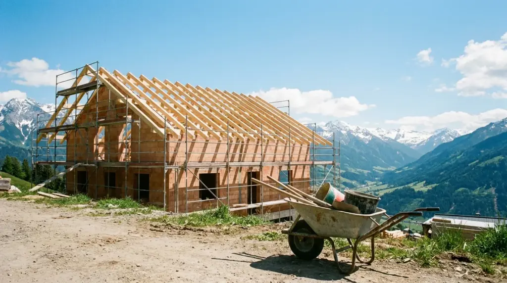 Eingerüsteter Ziegelrohbau mit Dachstuhl auf einer Baustelle vor Bergpanorama, davor eine Schubkarre