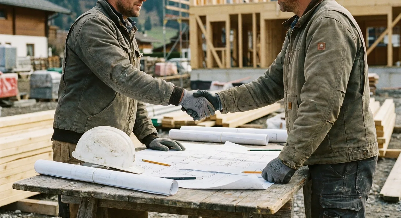 Vertragsabschluss zwischen Bauherr und Generalunternehmer auf der Baustelle