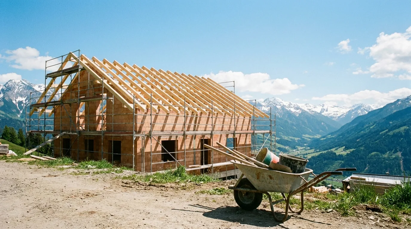 Eingerüsteter Ziegelrohbau mit Dachstuhl auf einer Baustelle vor Bergpanorama, davor eine Schubkarre