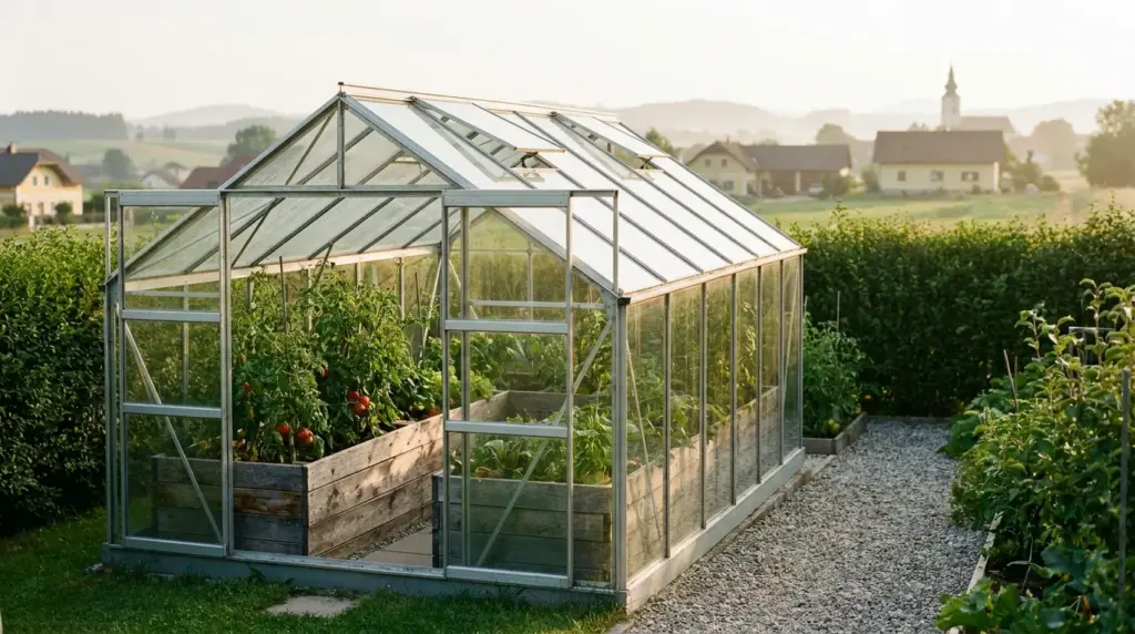 Gewächshaus aus Glas und Aluminium mit Hochbeeten im Garten, dahinter ein Dorf mit Kirchturm