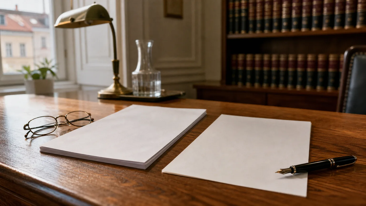 Schreibtisch aus dunklem Holz mit Schriftstücken, Füllfeder und Lesebrille, dahinter ein Regal mit Gesetzbüchern