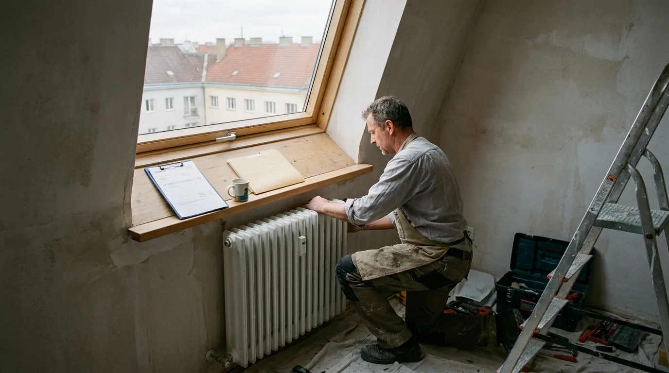 Handwerker montiert einen Gliederheizkörper unter einem Dachfenster, daneben Werkzeugkoffer und Leiter