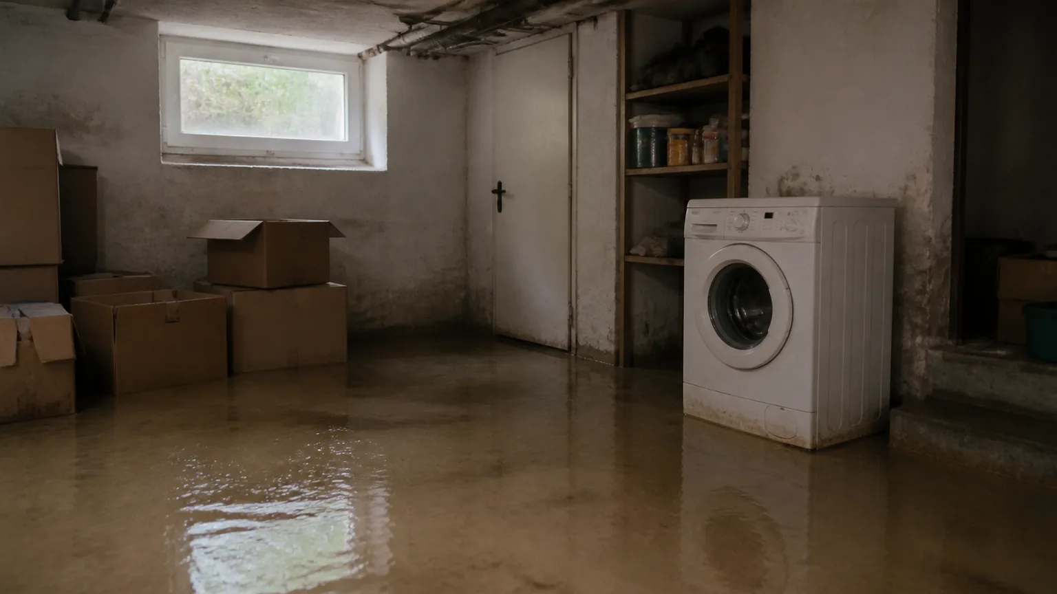 Überfluteter Keller mit stehendem Wasser, Waschmaschine und aufgeweichten Kartons