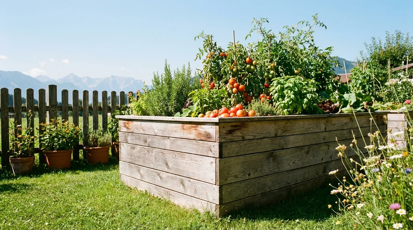 Hochbeet aus Holz mit Tomatenpflanzen im Garten, dahinter ein Lattenzaun und Berge