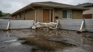Wohnhaus mit aufgebauten mobilen Hochwasserschutzwänden und Sandsäcken vor der Eingangstür