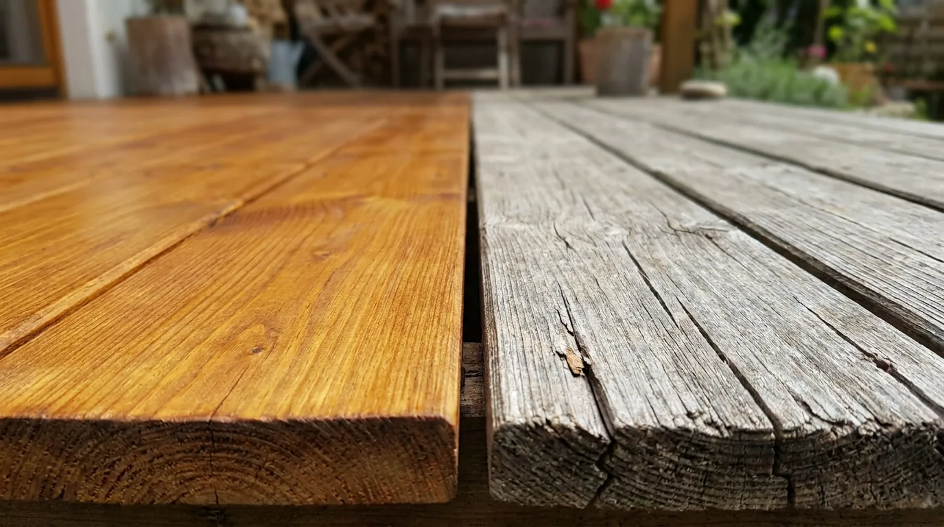 Direkter Vergleich zwischen geölter und vergrauter Holzterrasse