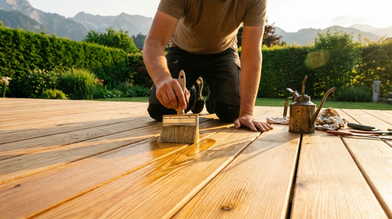 Person streicht mit einem Pinsel Öl auf die Dielen einer Holzterrasse, daneben Ölkanne und Lappen