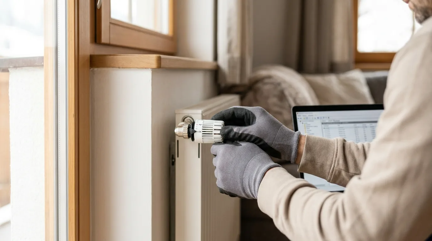 Behandschuhte Hände stellen ein Thermostatventil am Heizkörper ein, daneben ein Laptop