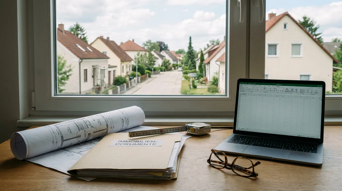 Bauplan, Aktenordner, Maßband und Laptop mit Tabelle auf einem Tisch am Fenster mit Blick in eine Wohnstraße