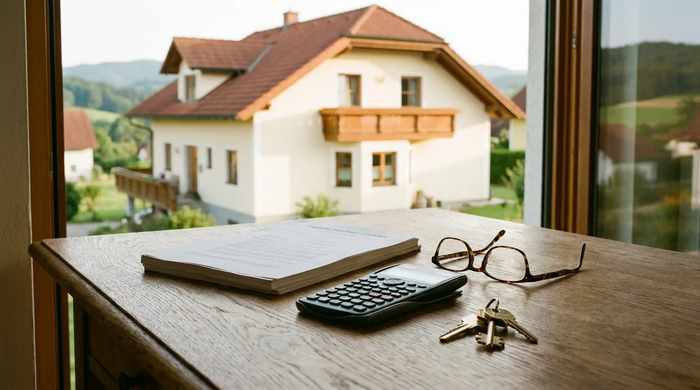 Tisch am Fenster mit Unterlagen, Taschenrechner, Brille und Hausschlüssel, dahinter ein Einfamilienhaus