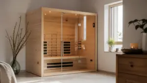 Infrarotkabine aus hellem Holz mit Glasfront in einem Wohnraum, daneben Kommode und Zweige in einer Vase