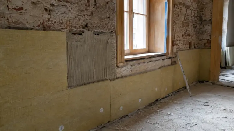 Mineralische Dämmplatten auf der Innenseite einer Ziegelwand im Altbau, teilweise verklebt und gedübelt