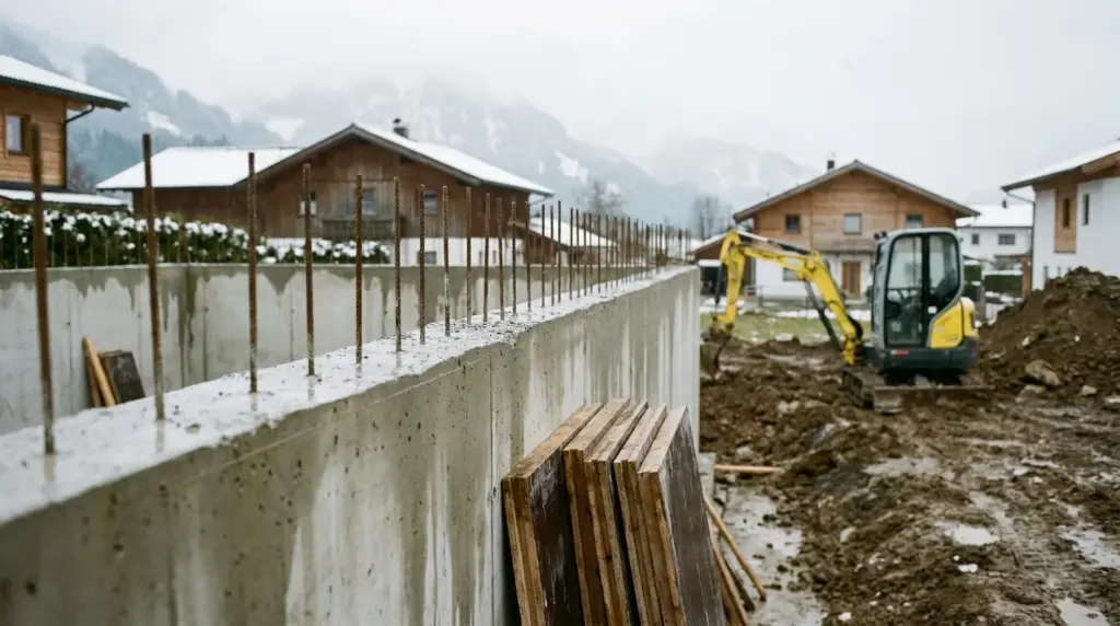 Betonierte Kellerwände mit herausstehender Bewehrung auf einer winterlichen Baustelle, daneben ein Minibagger
