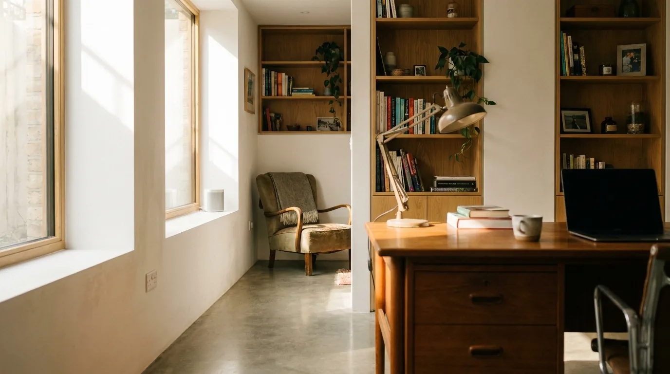 Fertiger Wohnkeller mit Lichtschacht-Fenster und Arbeitsplatz als Homeoffice