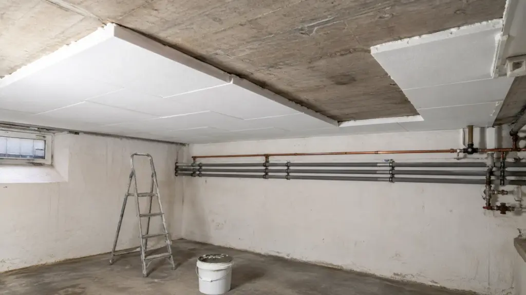 Kellerdecke, zur Hälfte mit Dämmplatten beklebt, daneben die noch rohe Betondecke