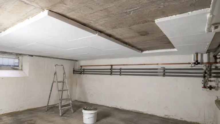 Kellerdecke, zur Hälfte mit Dämmplatten beklebt, daneben die noch rohe Betondecke
