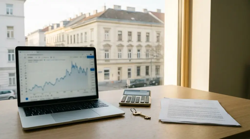 Laptop mit Zinsdiagramm, Taschenrechner, Schlüssel und Vertragsunterlagen auf einem Tisch am Fenster
