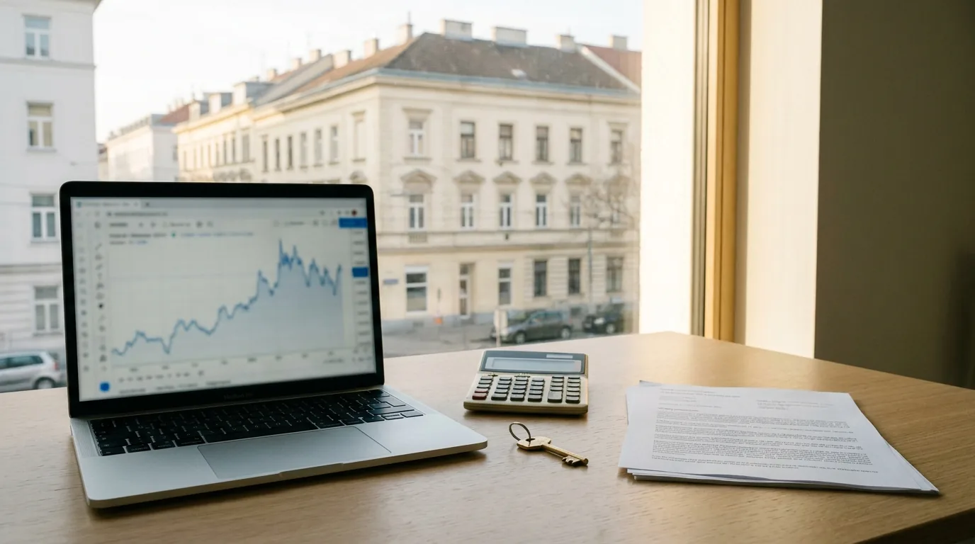 Laptop mit Zinsdiagramm, Taschenrechner, Schlüssel und Vertragsunterlagen auf einem Tisch am Fenster
