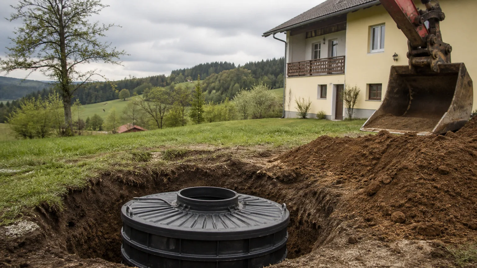 Baggerschaufel über einer offenen Baugrube mit eingesetztem Behälter einer Kleinkläranlage, dahinter ein Wohnhaus