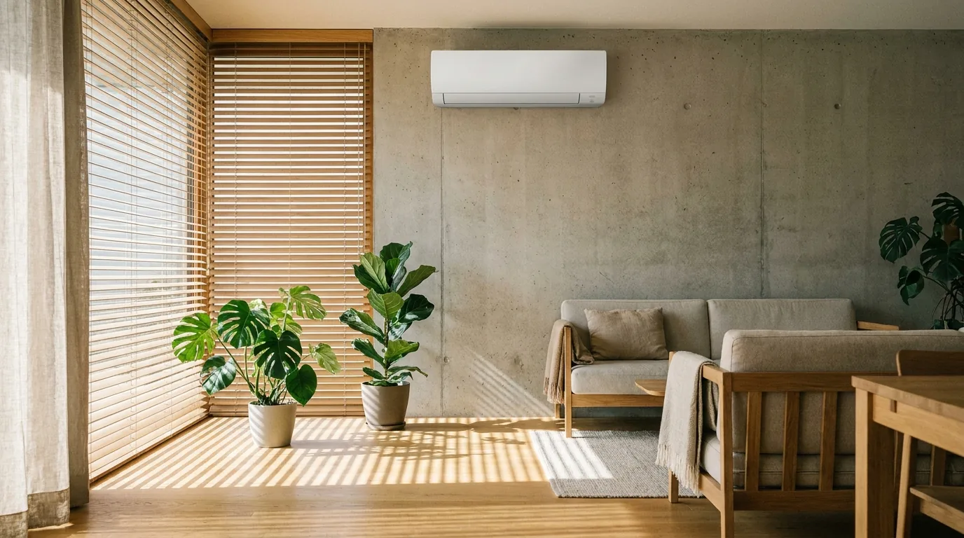 Split-Innengerät einer Klimaanlage an einer Sichtbetonwand über einer Sitzgruppe
