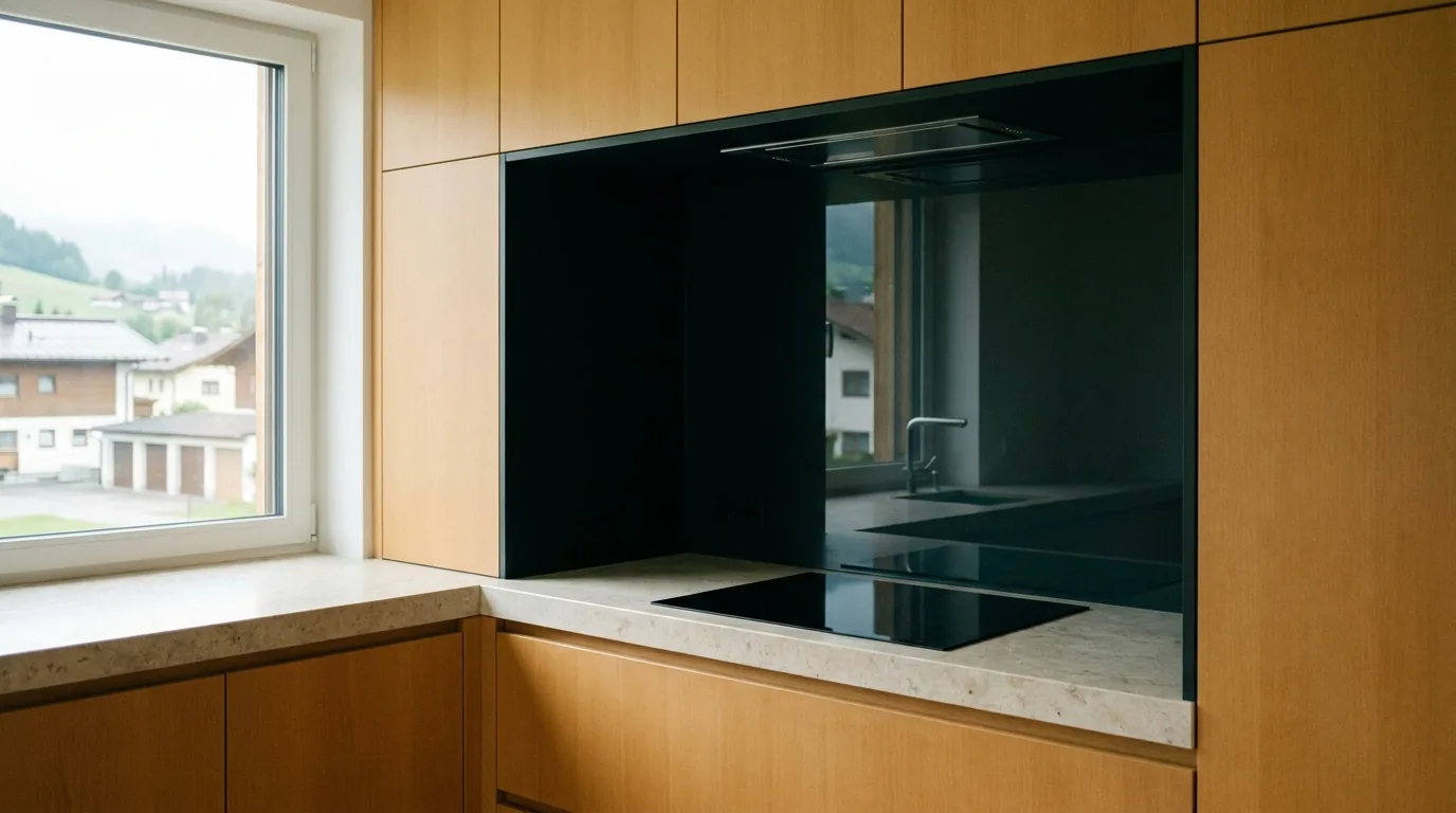 Küche mit heller Holzfront und schwarzer Glasrückwand hinter Kochfeld und Spüle