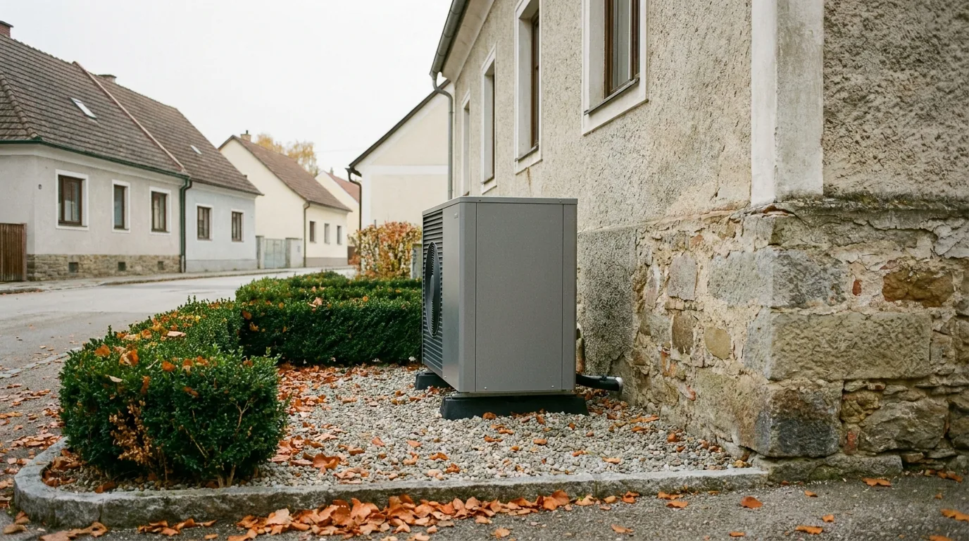 Außeneinheit einer Luftwärmepumpe auf Kiesbett an der Natursteinwand eines Altbaus, herbstliches Laub am Boden