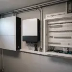 Wechselrichter und Batteriespeicher an einer Kellerwand neben dem geöffneten Sicherungsverteiler