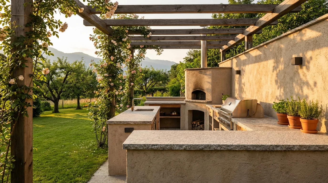 Gemauerte Außenküche mit Holzbackofen und Grill unter einer Pergola