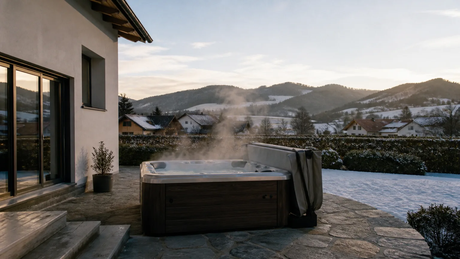 Dampfender Outdoor-Whirlpool auf einer Terrasse, im Hintergrund verschneite Hügel im Abendlicht