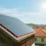 Photovoltaikmodule auf einem Ziegeldach in der Mittagssonne, dahinter ein Dorf in hügeliger Landschaft