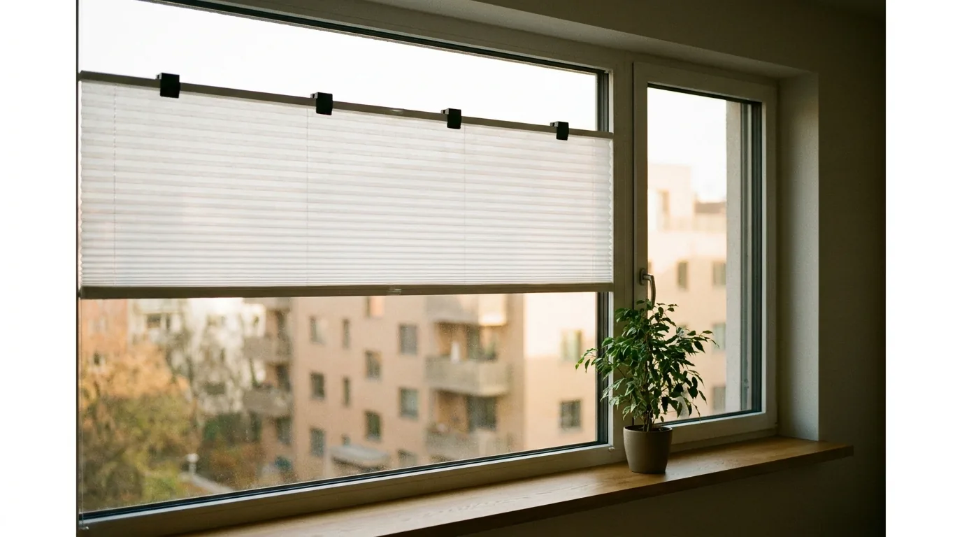 Halb geschlossenes Plissee mit Klemmträgern an einem Fenster, davor eine Topfpflanze