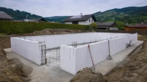 Poolrohbau aus weißen Styropor-Schalsteinen mit herausstehender Bewehrung in der Baugrube