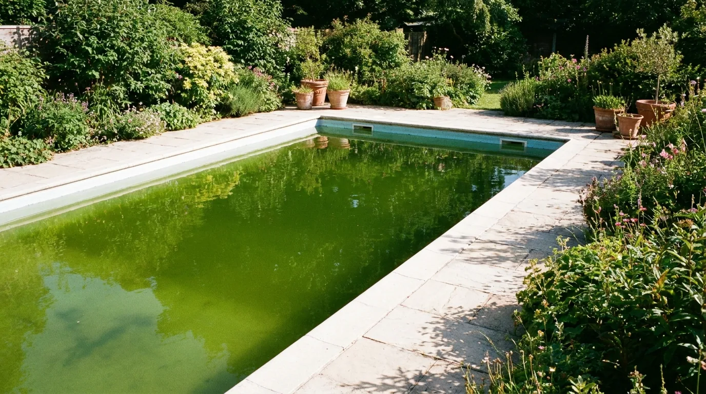 Pool mit grün verfärbtem Wasser in einem stark bewachsenen Garten