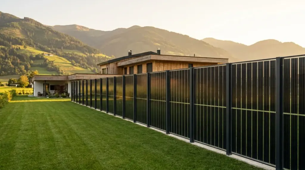 Zaun aus senkrecht stehenden Photovoltaikmodulen entlang einer Wiese vor Berglandschaft