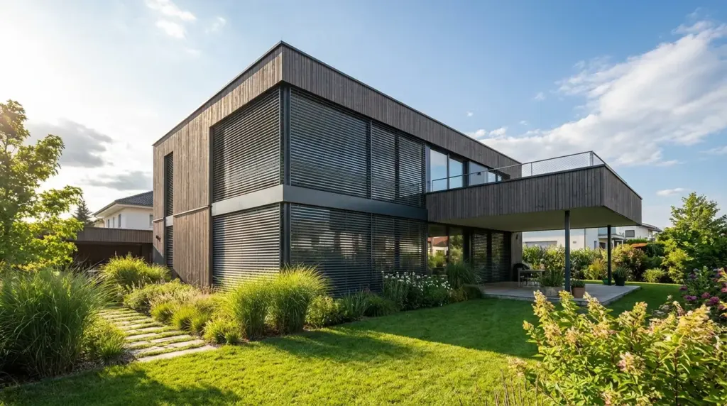 Modernes Haus mit Holzfassade und Raffstores vor den Fenstern
