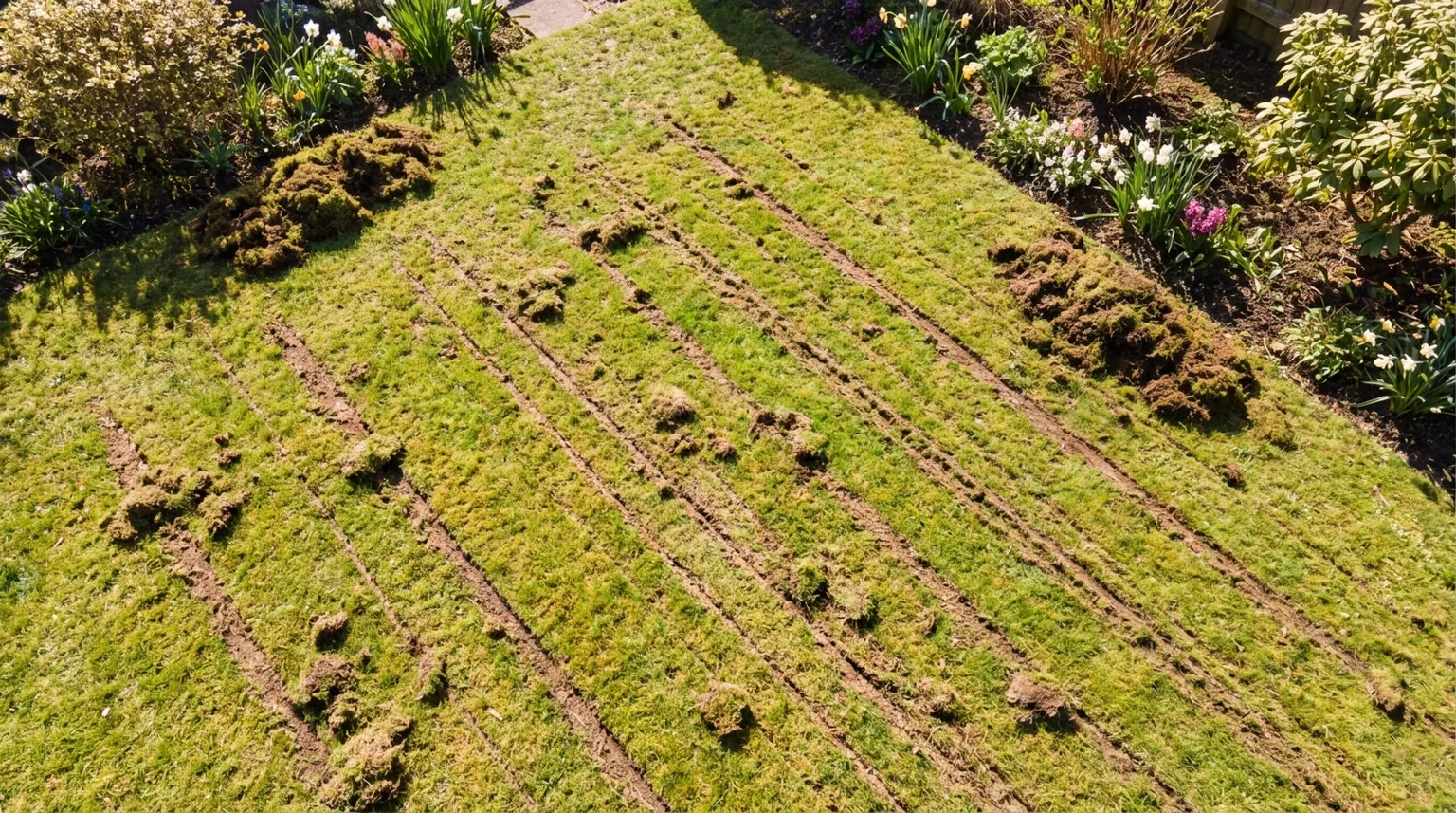 Frisch vertikutierter Rasen mit sichtbaren Bahnen und zusammengerechtem Rasenfilz