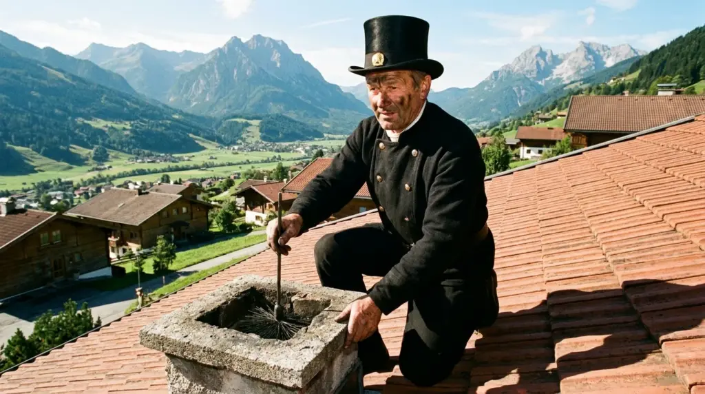 Rauchfangkehrer in schwarzer Kluft kehrt einen Kamin auf einem Ziegeldach, dahinter eine Berglandschaft