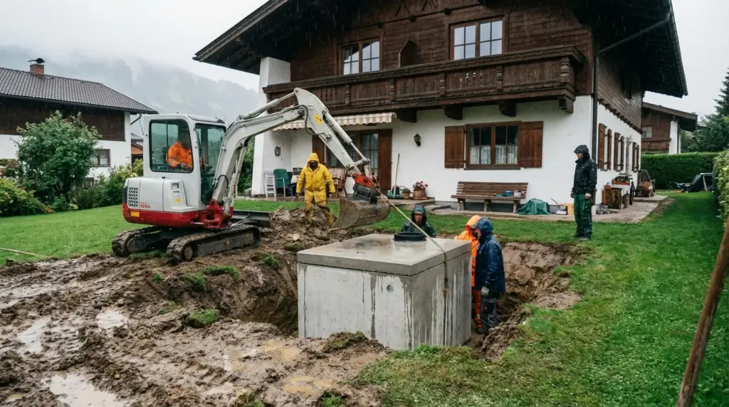 Bagger hebt neben einem Bauernhaus eine Grube aus, in die eine Betonzisterne eingesetzt wird