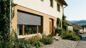 Wohnhaus mit halb heruntergelassenem Rollladen über einem breiten Fenster, davor ein Staudenbeet