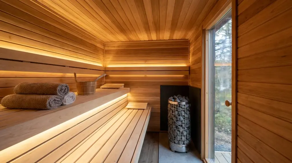 Innenraum einer Sauna aus hellem Holz mit Liegebank, Aufgusskübel und Ofen, daneben ein Fenster ins Grüne