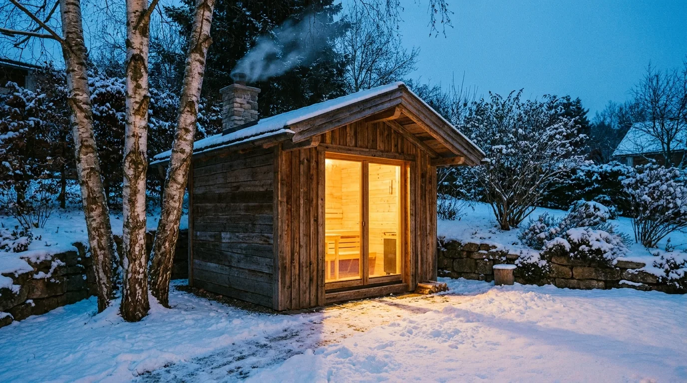 Gartensauna aus Holz im winterlichen österreichischen Garten