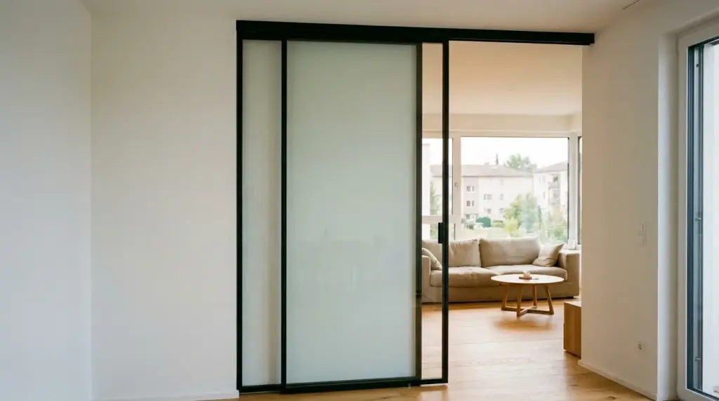 Zweiflügelige Glasschiebetür mit schwarzem Rahmen zwischen Flur und Wohnraum