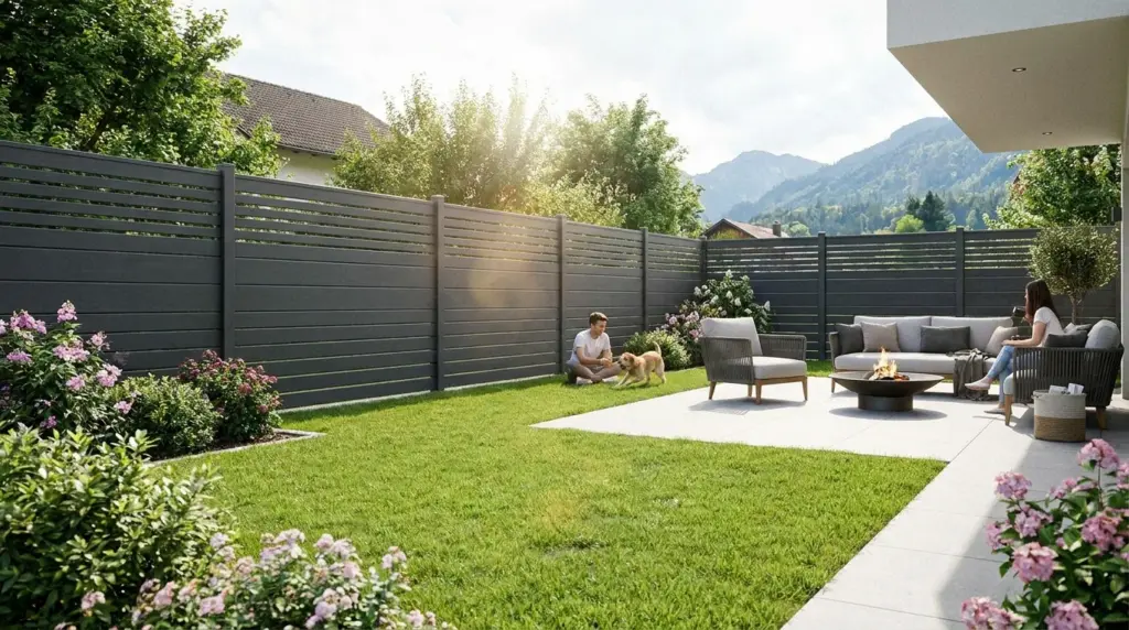 Garten mit anthrazitfarbenem Lamellen-Sichtschutzzaun, dahinter eine Terrasse mit Loungemöbeln