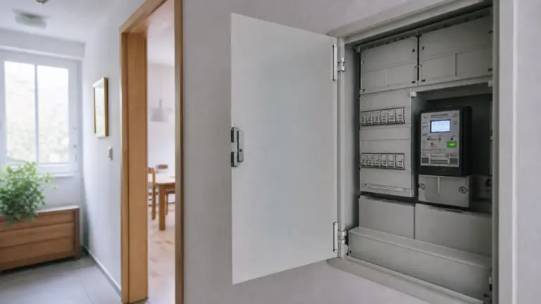 Geöffneter Zählerkasten im Wohnungsflur mit digitalem Stromzähler und Sicherungsautomaten