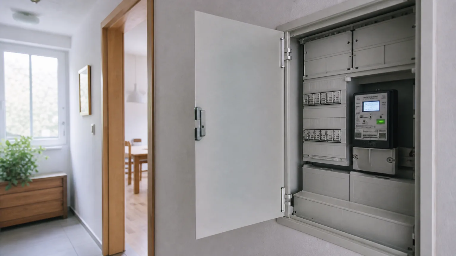 Geöffneter Zählerkasten im Wohnungsflur mit digitalem Stromzähler und Sicherungsautomaten