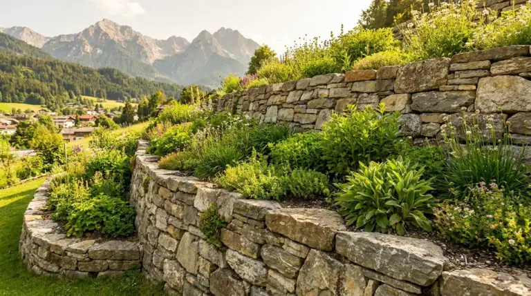 Stützmauer im Garten - Trockenmauer, Beton und Naturstein zur Hangsicherung