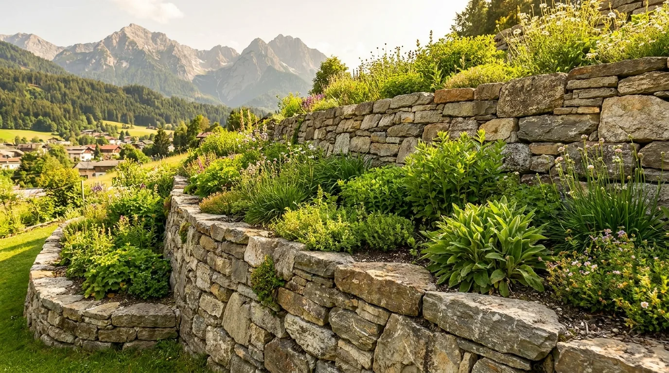 Terrassierter Hanggarten mit mehreren Natursteinmauern und Staudenbepflanzung vor Bergpanorama