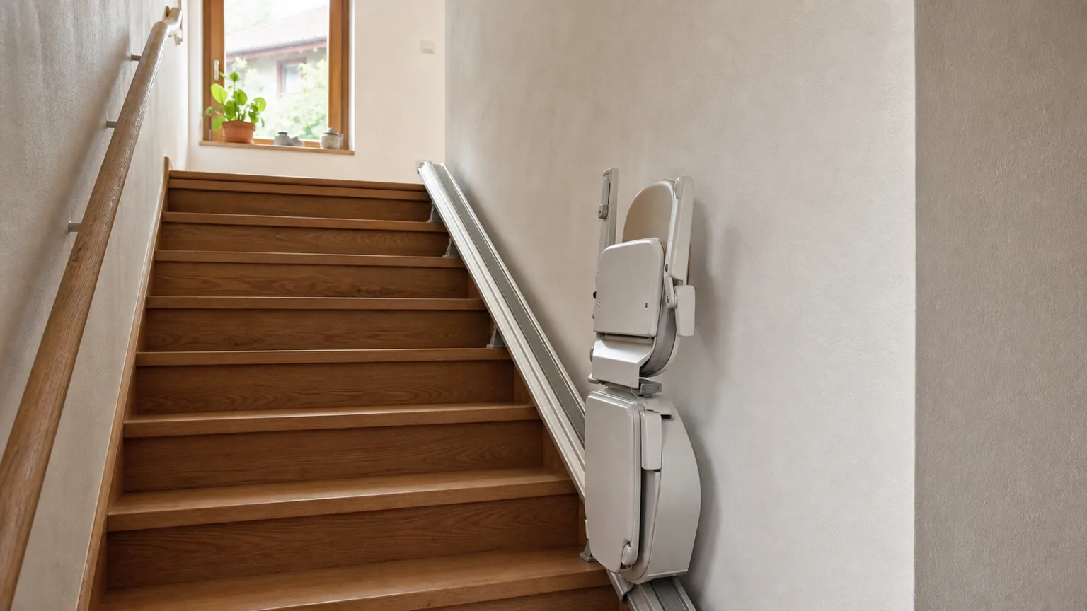 Treppenlift mit hochgeklapptem Sitz an der Schiene einer Holztreppe im Einfamilienhaus
