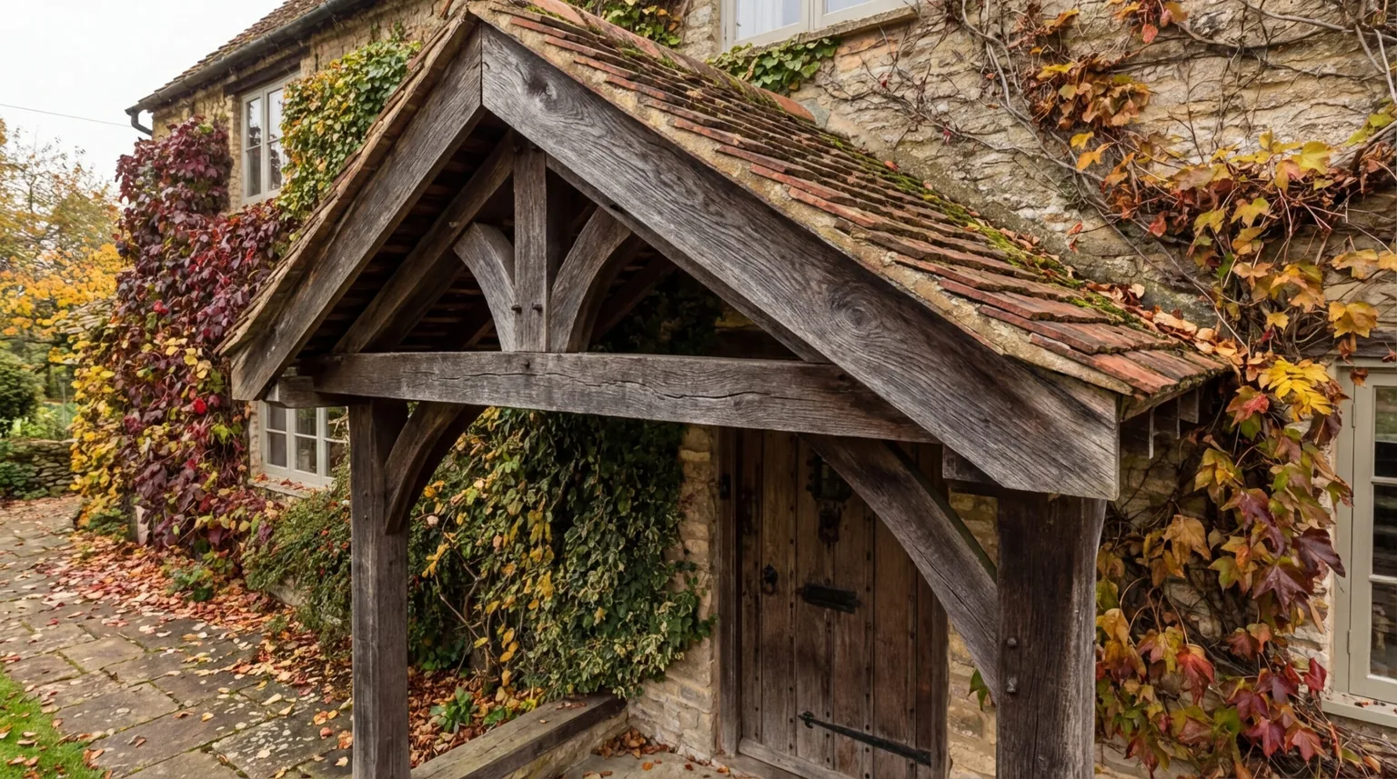 Holzvordach in Giebelform über einer traditionellen Haustür