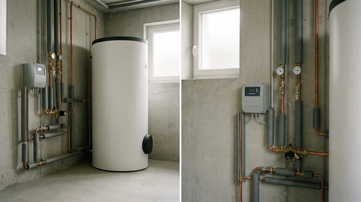 Warmwasserspeicher in einem Technikraum, daneben Kupferleitungen, Armaturen und die Regelung